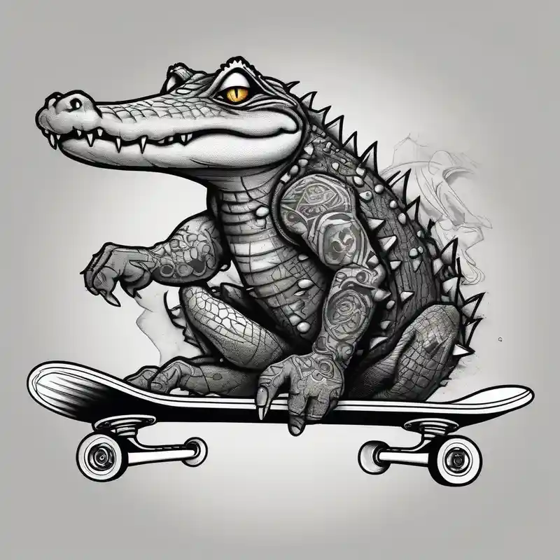 crocodile riding a skateboard with piercings and tattoos fishing tattoos – Black and White, Vibrant color